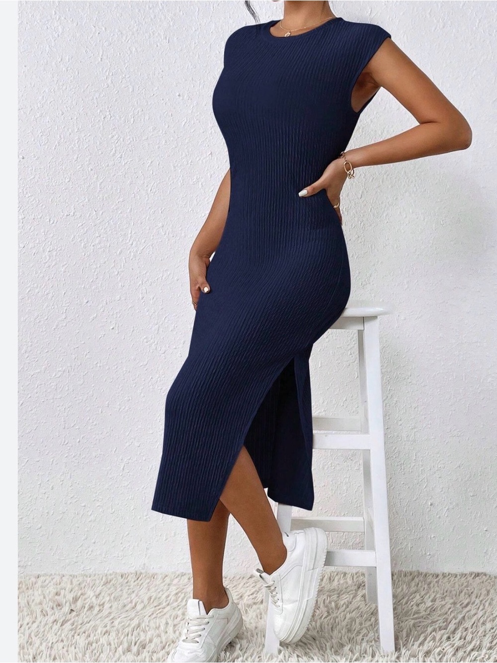 SHEIN Navy Textured Cap-Sleeve Midi Dress